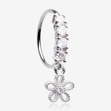 Adorable Hollow Flower Sparkle Dangle Multi-Gem Lined Bendable Hoop Ring-Clear Gem